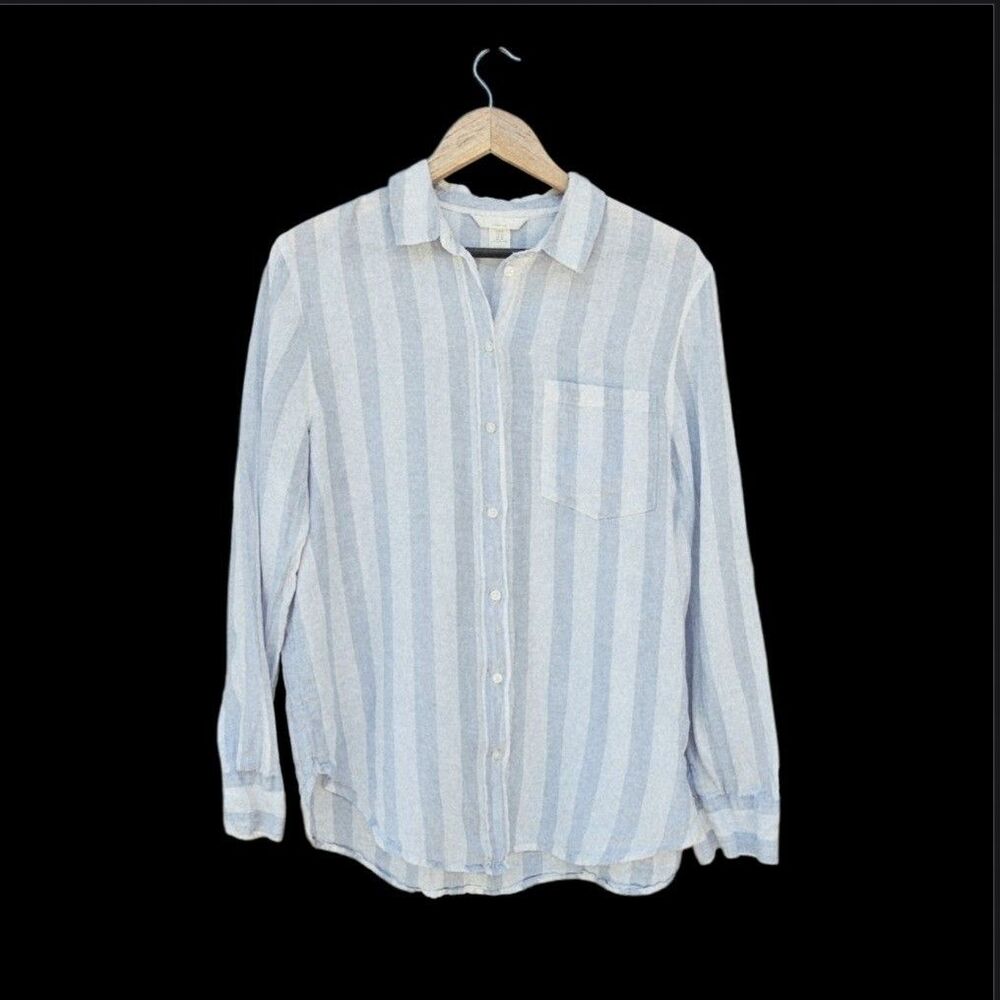 H&M Women’s Linen Button Up Shirt White and Blue Striped Size Oversized Coastal